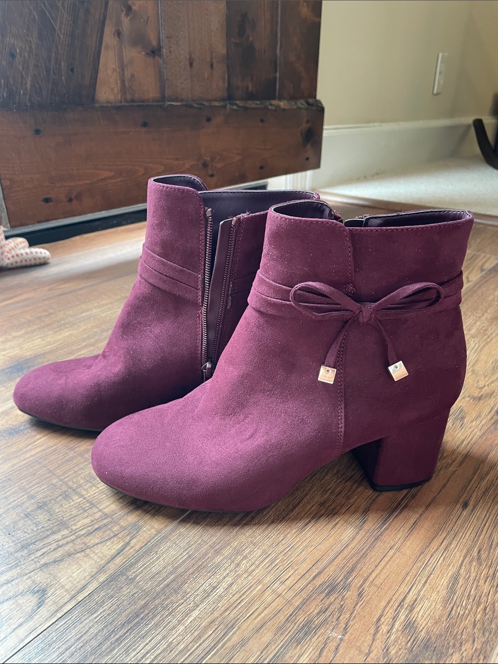 Kelly & Katie Wine Suede Ankle Booties with Bow Detail